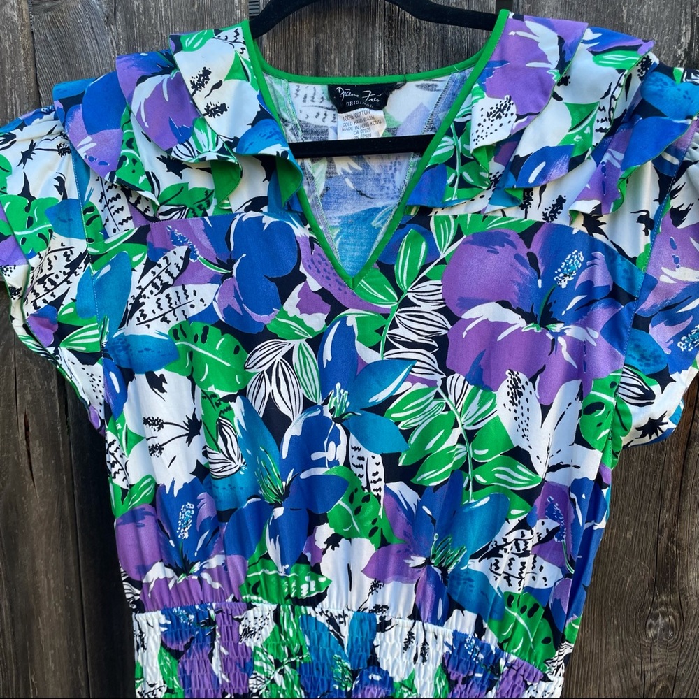 Iconic Designer Diane Freis Vintage Green Tropical Dress Large
